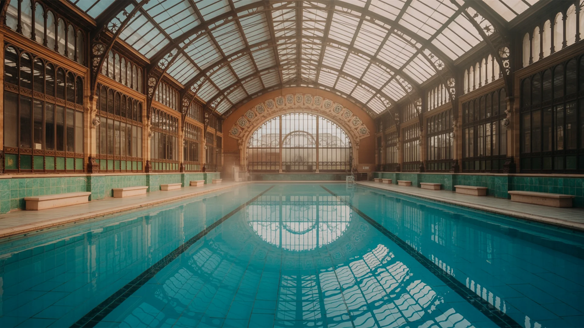 The large basin of the Strasbourg Municipal Baths under the Art Nouveau glass roof