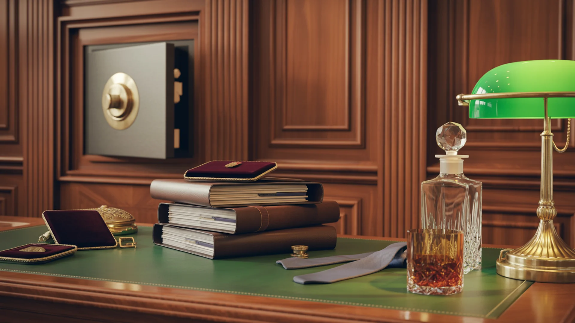 Sejf Ajar ve stylu art deco, kožený stůl, pořadače v kůží vázané oxblood, bankéřská lampa — svět správy majetku