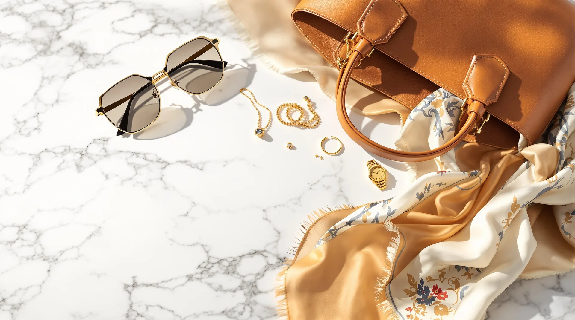 Luxury haute couture accessories summer 2026 - leather bag, gold jewelry and designer sunglasses on marble