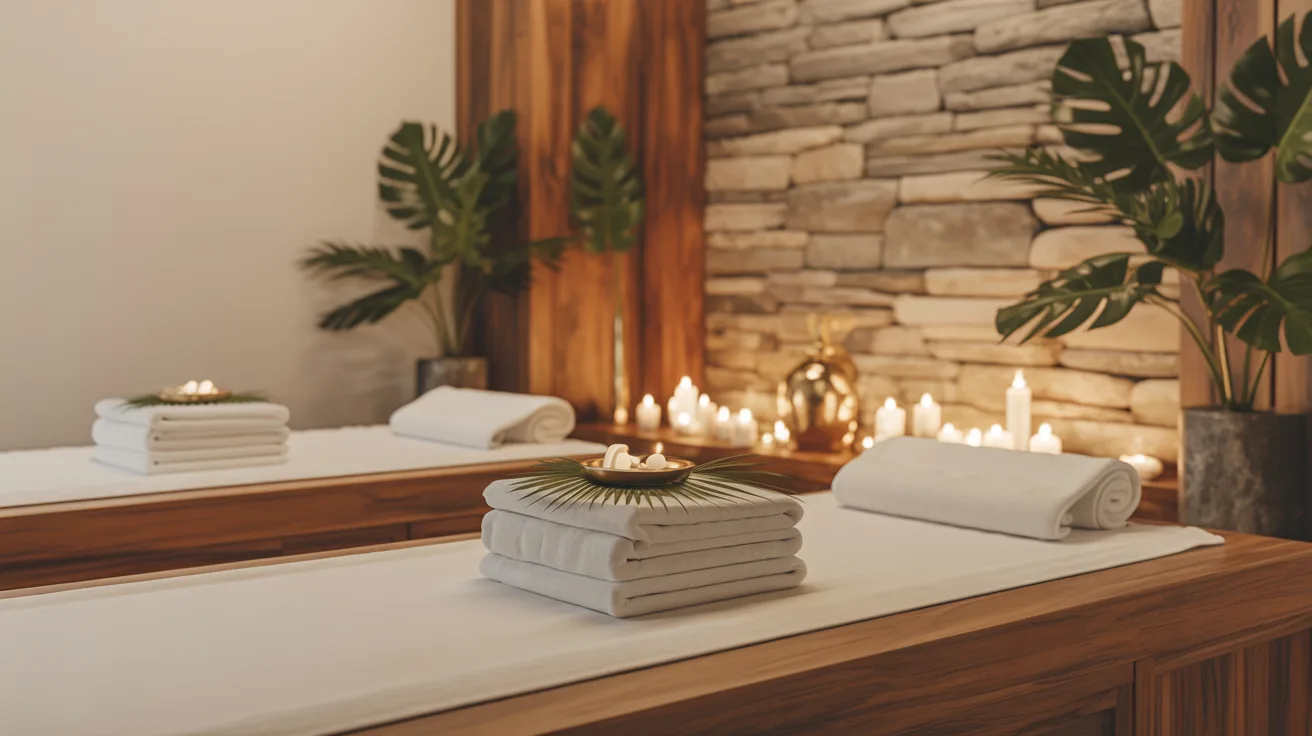 Espace spa et bien-être de luxe avec pierres naturelles, bougies et verdure tropicale