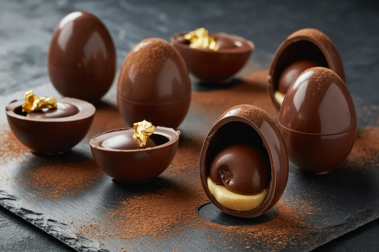 Artisan chocolate Easter eggs cut open revealing ganache and pralines