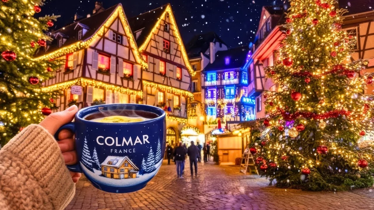 Colmar Christmas markets with illuminated Petite Venise reflecting in the water