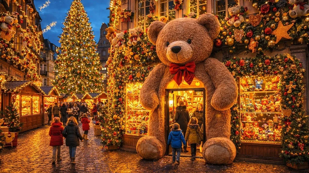 The grand Christmas tree and illuminated chalets at Strasbourg Christmas market