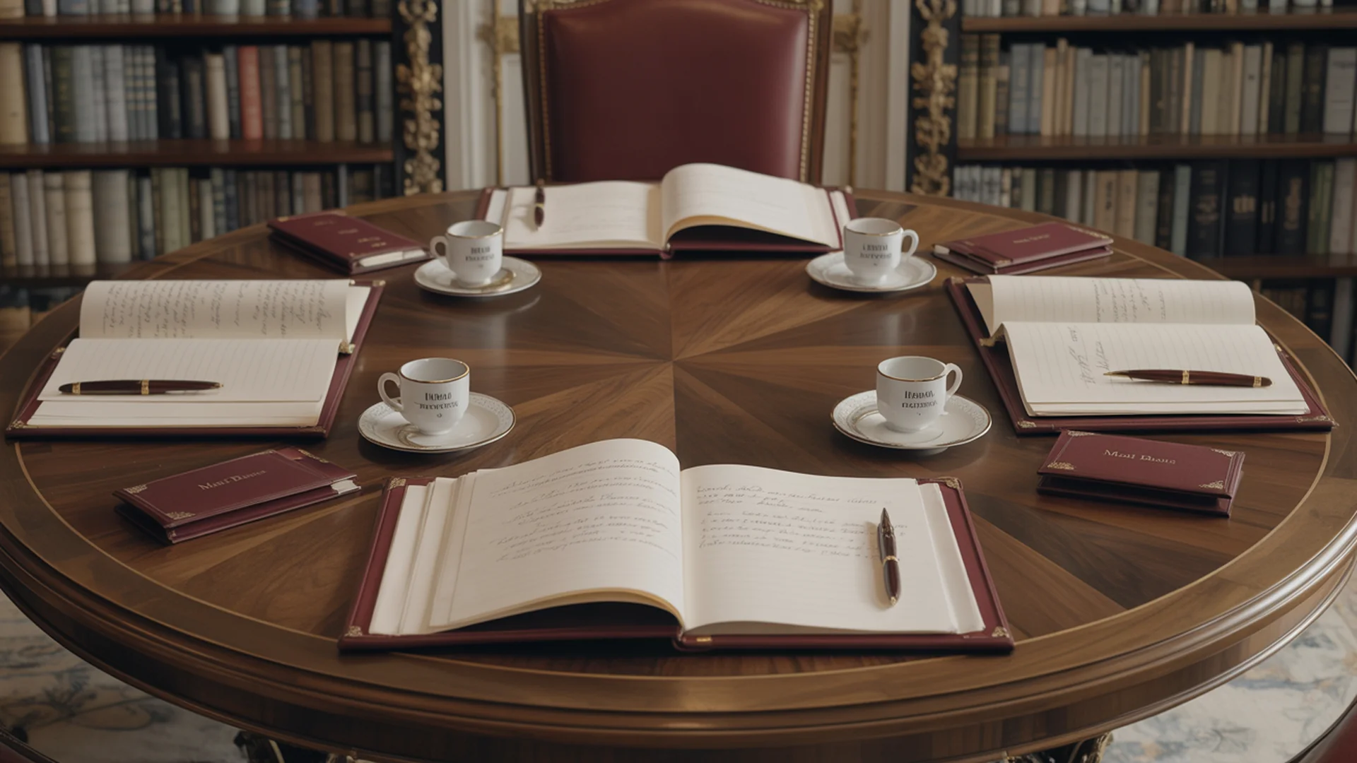 Walnut marquetry meeting table, leather-bound family office files, fountain pens, fine porcelain cups