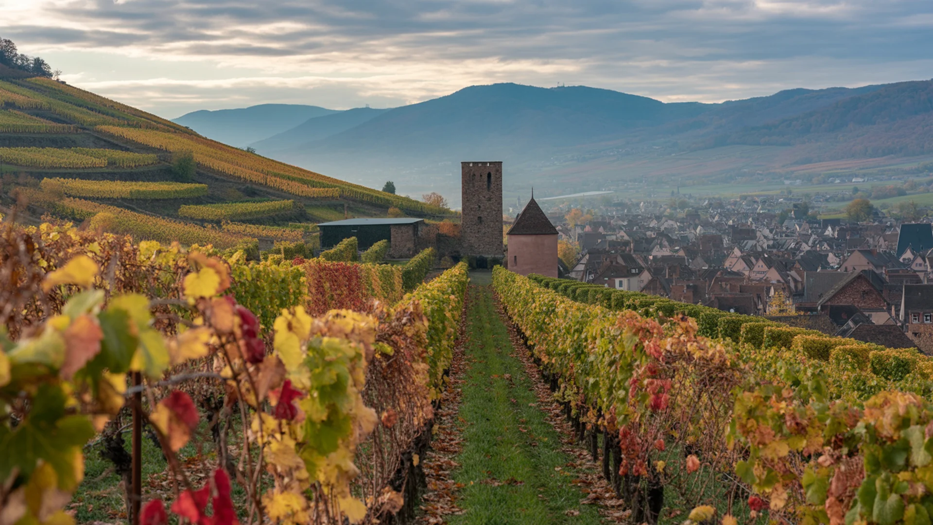 Vignoble Grand Cru Schlossberg above Kaysersberg, terraced vines, Alsatian autumn, Vosges in the background