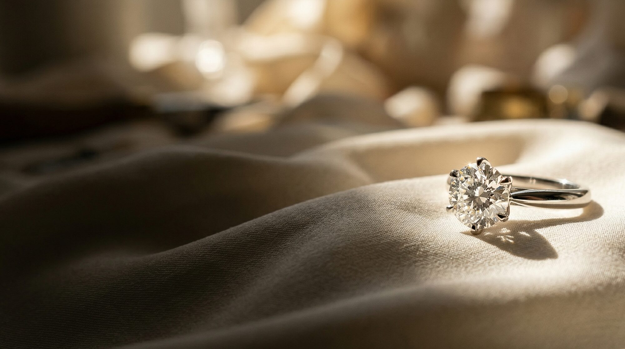 Solitérní diamantový prsten na platinové montáži, studiové osvětlení