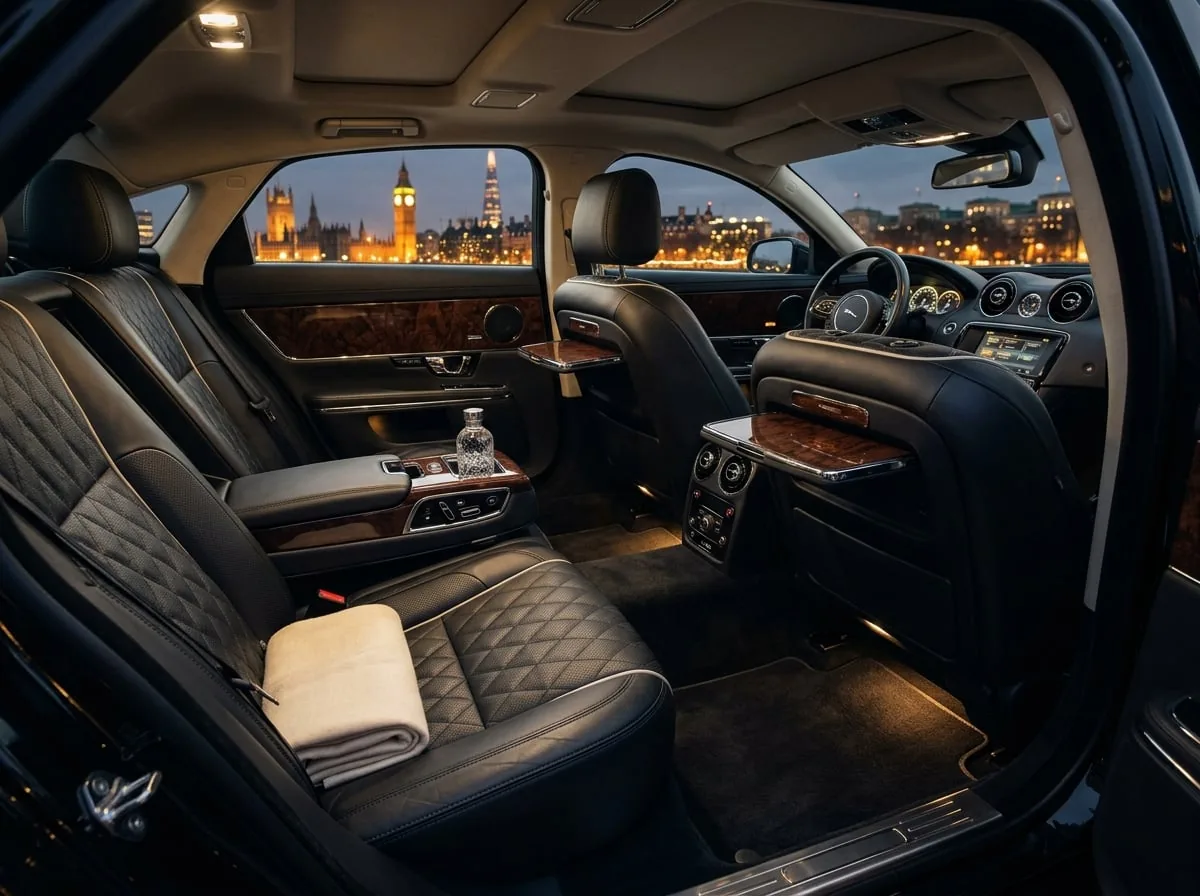 Interior of a chauffeured private sedan for an executive