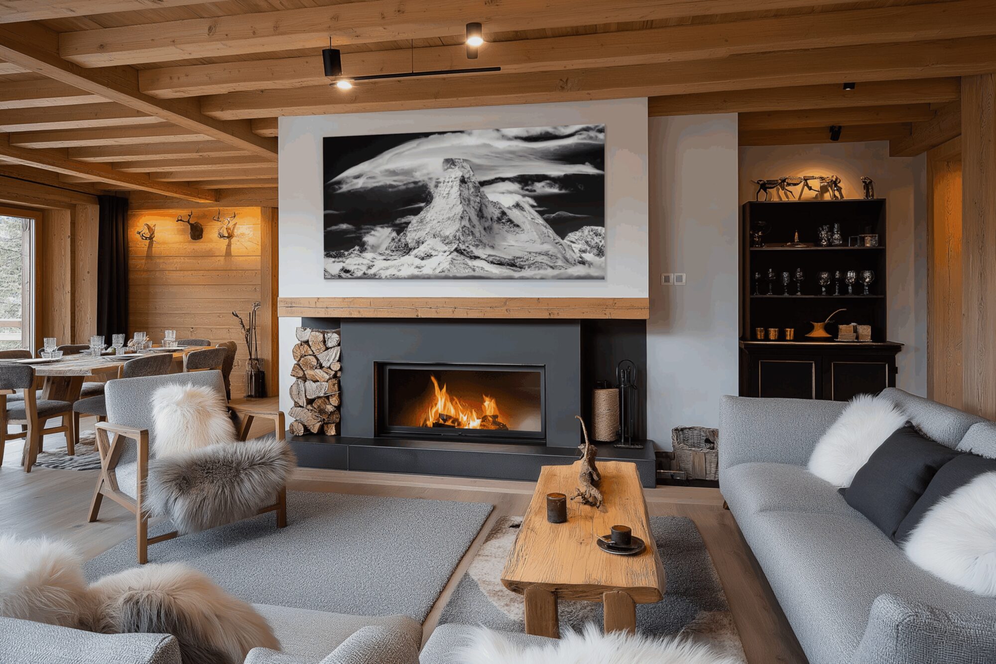 Living room of an ultra-luxury Swiss alpine chalet with fireplace and fine wood